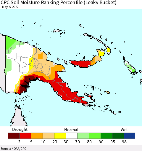 Papua New Guinea CPC Soil Moisture Ranking Percentile (Leaky Bucket) Thematic Map For 5/1/2022 - 5/5/2022