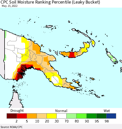 Papua New Guinea CPC Soil Moisture Ranking Percentile (Leaky Bucket) Thematic Map For 5/11/2022 - 5/15/2022
