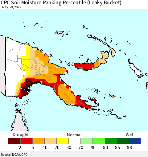 Papua New Guinea CPC Soil Moisture Ranking Percentile (Leaky Bucket) Thematic Map For 5/16/2022 - 5/20/2022