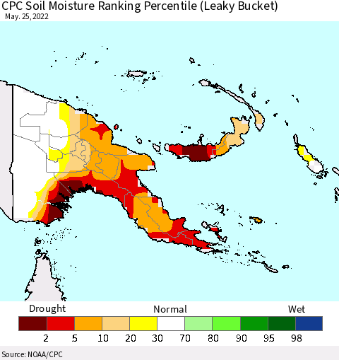 Papua New Guinea CPC Soil Moisture Ranking Percentile (Leaky Bucket) Thematic Map For 5/21/2022 - 5/25/2022