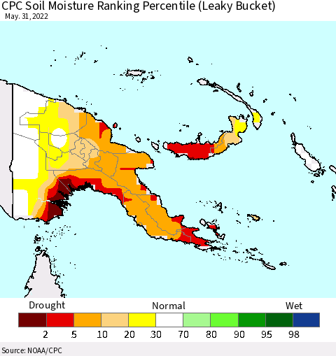 Papua New Guinea CPC Soil Moisture Ranking Percentile (Leaky Bucket) Thematic Map For 5/26/2022 - 5/31/2022