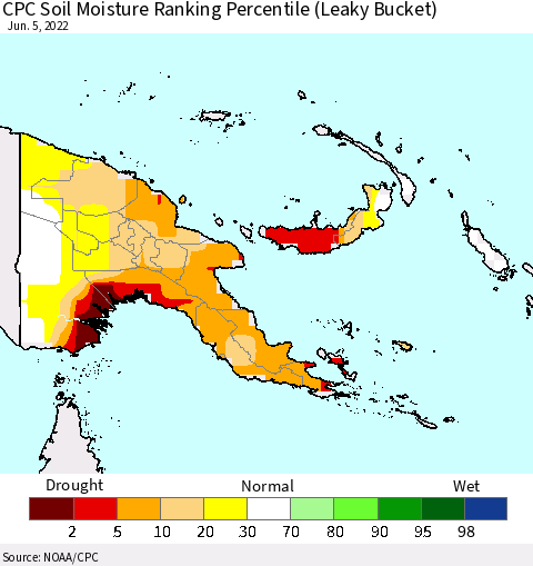 Papua New Guinea CPC Soil Moisture Ranking Percentile (Leaky Bucket) Thematic Map For 6/1/2022 - 6/5/2022