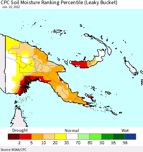 Papua New Guinea CPC Soil Moisture Ranking Percentile (Leaky Bucket) Thematic Map For 6/6/2022 - 6/10/2022