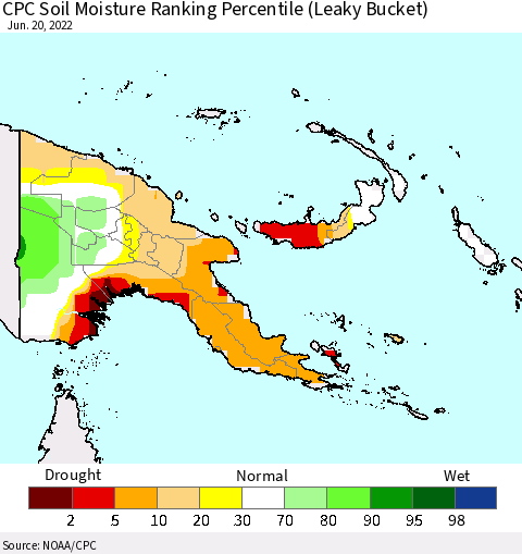 Papua New Guinea CPC Soil Moisture Ranking Percentile (Leaky Bucket) Thematic Map For 6/16/2022 - 6/20/2022