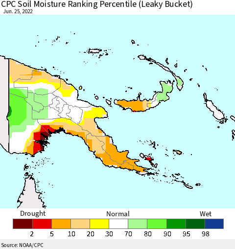 Papua New Guinea CPC Soil Moisture Ranking Percentile (Leaky Bucket) Thematic Map For 6/21/2022 - 6/25/2022