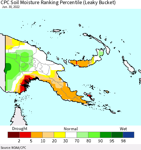 Papua New Guinea CPC Soil Moisture Ranking Percentile (Leaky Bucket) Thematic Map For 6/26/2022 - 6/30/2022