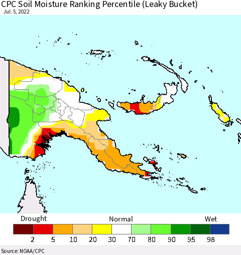 Papua New Guinea CPC Soil Moisture Ranking Percentile (Leaky Bucket) Thematic Map For 7/1/2022 - 7/5/2022