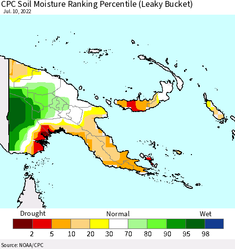 Papua New Guinea CPC Soil Moisture Ranking Percentile (Leaky Bucket) Thematic Map For 7/6/2022 - 7/10/2022