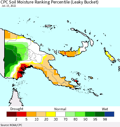 Papua New Guinea CPC Soil Moisture Ranking Percentile (Leaky Bucket) Thematic Map For 7/11/2022 - 7/15/2022