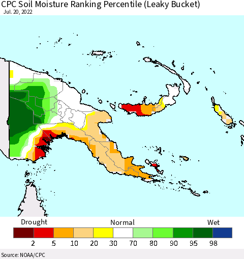 Papua New Guinea CPC Soil Moisture Ranking Percentile (Leaky Bucket) Thematic Map For 7/16/2022 - 7/20/2022