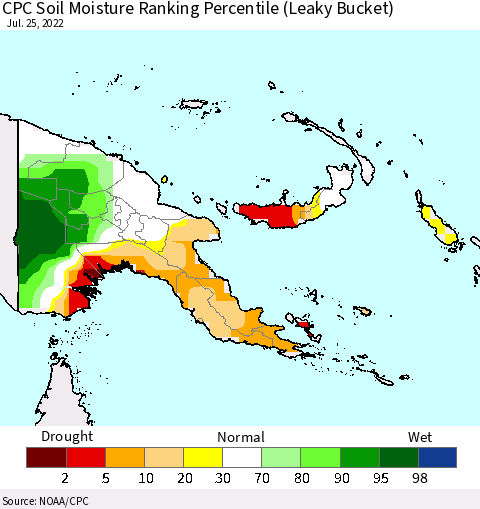 Papua New Guinea CPC Soil Moisture Ranking Percentile (Leaky Bucket) Thematic Map For 7/21/2022 - 7/25/2022