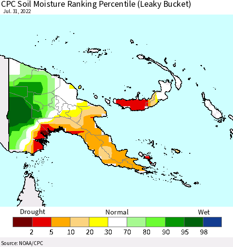 Papua New Guinea CPC Soil Moisture Ranking Percentile (Leaky Bucket) Thematic Map For 7/26/2022 - 7/31/2022