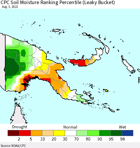 Papua New Guinea CPC Soil Moisture Ranking Percentile (Leaky Bucket) Thematic Map For 8/1/2022 - 8/5/2022