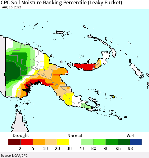 Papua New Guinea CPC Soil Moisture Ranking Percentile (Leaky Bucket) Thematic Map For 8/11/2022 - 8/15/2022