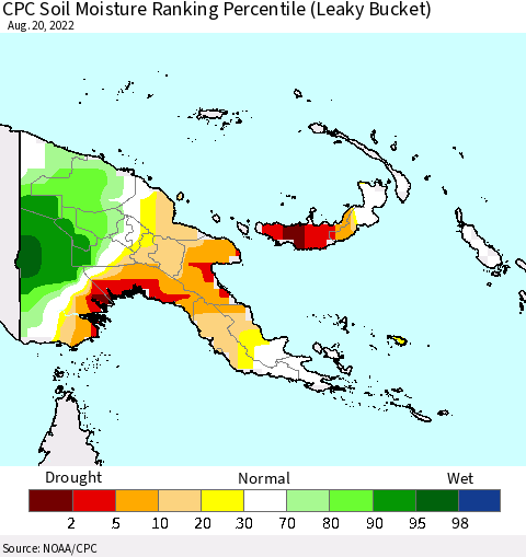 Papua New Guinea CPC Soil Moisture Ranking Percentile (Leaky Bucket) Thematic Map For 8/16/2022 - 8/20/2022