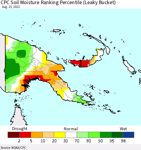 Papua New Guinea CPC Soil Moisture Ranking Percentile (Leaky Bucket) Thematic Map For 8/21/2022 - 8/25/2022