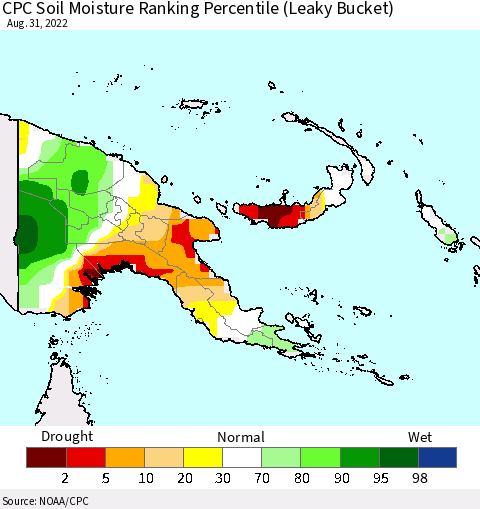 Papua New Guinea CPC Soil Moisture Ranking Percentile (Leaky Bucket) Thematic Map For 8/26/2022 - 8/31/2022