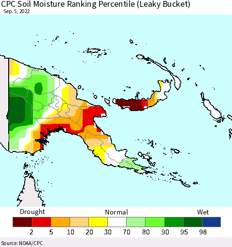 Papua New Guinea CPC Soil Moisture Ranking Percentile (Leaky Bucket) Thematic Map For 9/1/2022 - 9/5/2022