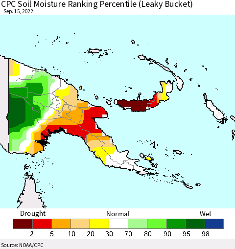 Papua New Guinea CPC Soil Moisture Ranking Percentile (Leaky Bucket) Thematic Map For 9/11/2022 - 9/15/2022