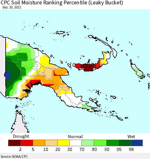 Papua New Guinea CPC Soil Moisture Ranking Percentile (Leaky Bucket) Thematic Map For 9/16/2022 - 9/20/2022