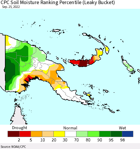 Papua New Guinea CPC Soil Moisture Ranking Percentile (Leaky Bucket) Thematic Map For 9/21/2022 - 9/25/2022