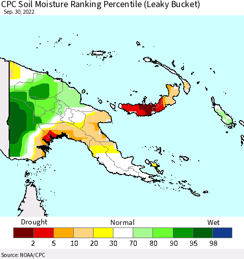 Papua New Guinea CPC Soil Moisture Ranking Percentile (Leaky Bucket) Thematic Map For 9/26/2022 - 9/30/2022