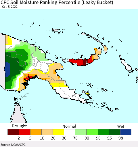 Papua New Guinea CPC Soil Moisture Ranking Percentile (Leaky Bucket) Thematic Map For 10/1/2022 - 10/5/2022