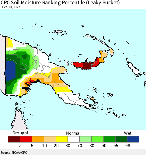 Papua New Guinea CPC Soil Moisture Ranking Percentile (Leaky Bucket) Thematic Map For 10/6/2022 - 10/10/2022