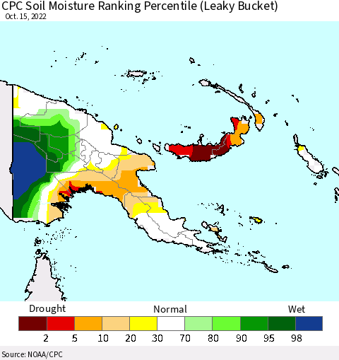 Papua New Guinea CPC Soil Moisture Ranking Percentile (Leaky Bucket) Thematic Map For 10/11/2022 - 10/15/2022