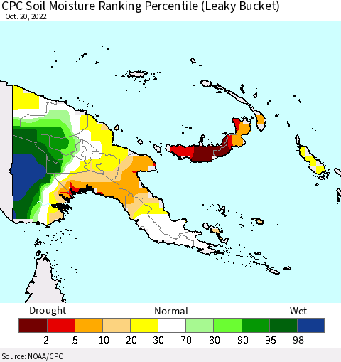 Papua New Guinea CPC Soil Moisture Ranking Percentile (Leaky Bucket) Thematic Map For 10/16/2022 - 10/20/2022