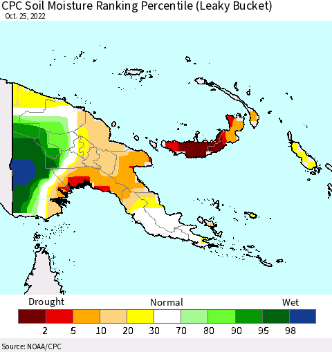 Papua New Guinea CPC Soil Moisture Ranking Percentile (Leaky Bucket) Thematic Map For 10/21/2022 - 10/25/2022