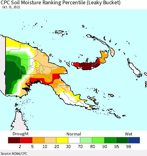 Papua New Guinea CPC Soil Moisture Ranking Percentile (Leaky Bucket) Thematic Map For 10/26/2022 - 10/31/2022