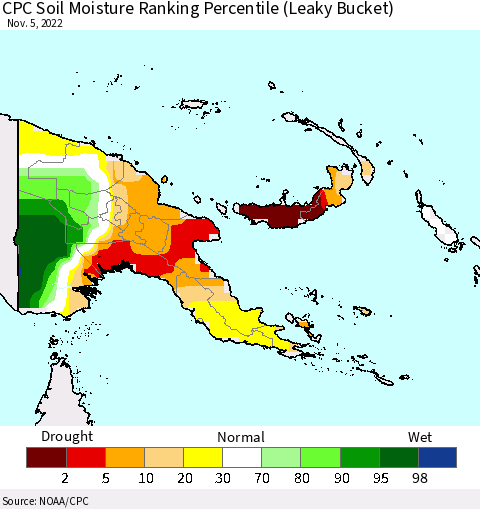 Papua New Guinea CPC Soil Moisture Ranking Percentile (Leaky Bucket) Thematic Map For 11/1/2022 - 11/5/2022