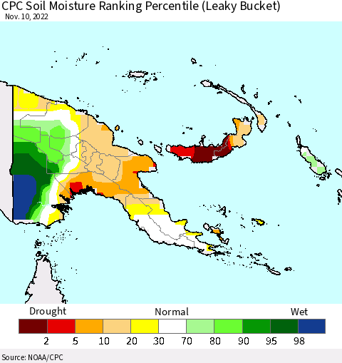 Papua New Guinea CPC Soil Moisture Ranking Percentile (Leaky Bucket) Thematic Map For 11/6/2022 - 11/10/2022