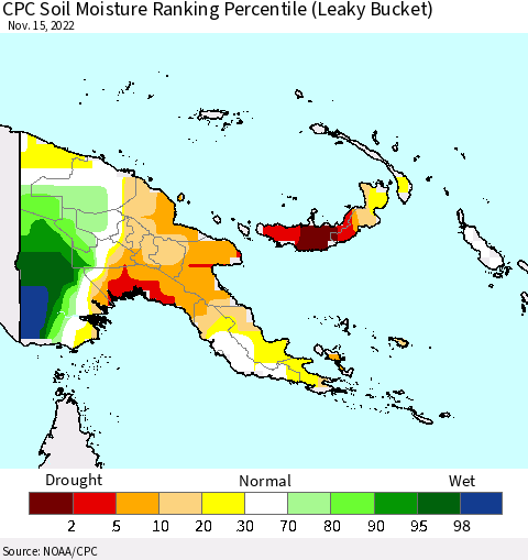 Papua New Guinea CPC Soil Moisture Ranking Percentile (Leaky Bucket) Thematic Map For 11/11/2022 - 11/15/2022