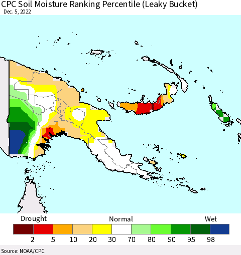 Papua New Guinea CPC Soil Moisture Ranking Percentile (Leaky Bucket) Thematic Map For 12/1/2022 - 12/5/2022