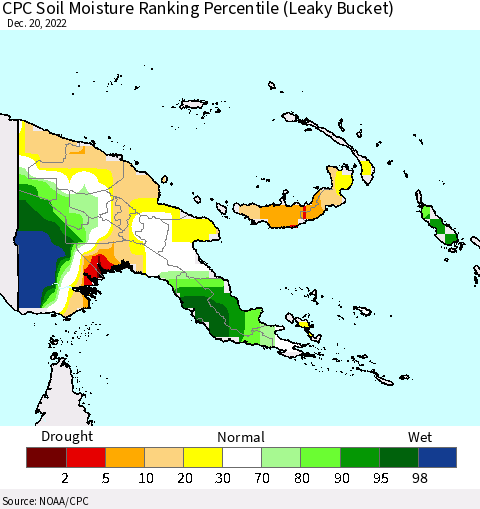 Papua New Guinea CPC Soil Moisture Ranking Percentile (Leaky Bucket) Thematic Map For 12/16/2022 - 12/20/2022
