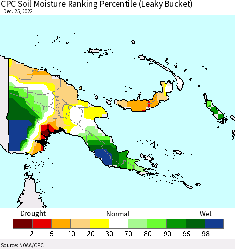 Papua New Guinea CPC Soil Moisture Ranking Percentile (Leaky Bucket) Thematic Map For 12/21/2022 - 12/25/2022