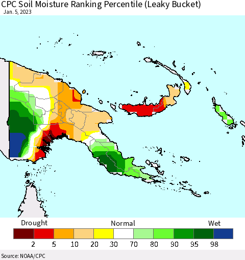 Papua New Guinea CPC Soil Moisture Ranking Percentile (Leaky Bucket) Thematic Map For 1/1/2023 - 1/5/2023