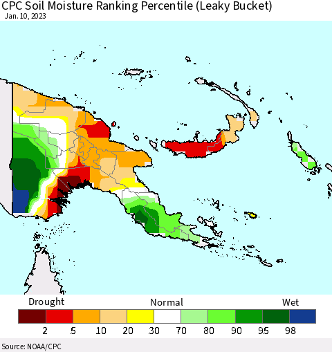 Papua New Guinea CPC Soil Moisture Ranking Percentile (Leaky Bucket) Thematic Map For 1/6/2023 - 1/10/2023