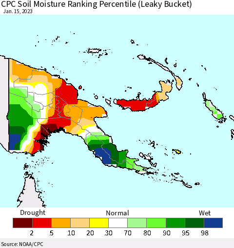 Papua New Guinea CPC Soil Moisture Ranking Percentile (Leaky Bucket) Thematic Map For 1/11/2023 - 1/15/2023