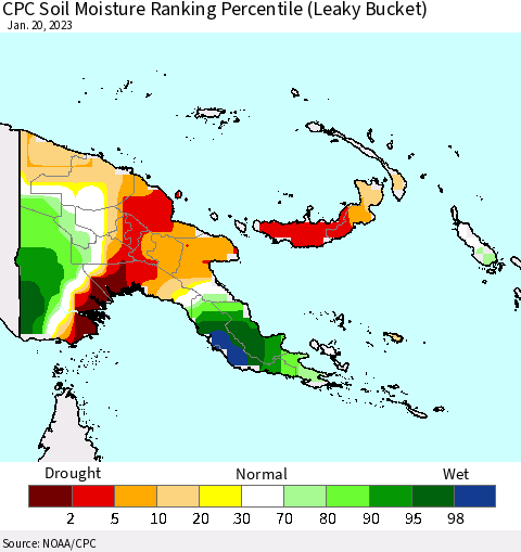 Papua New Guinea CPC Soil Moisture Ranking Percentile (Leaky Bucket) Thematic Map For 1/16/2023 - 1/20/2023