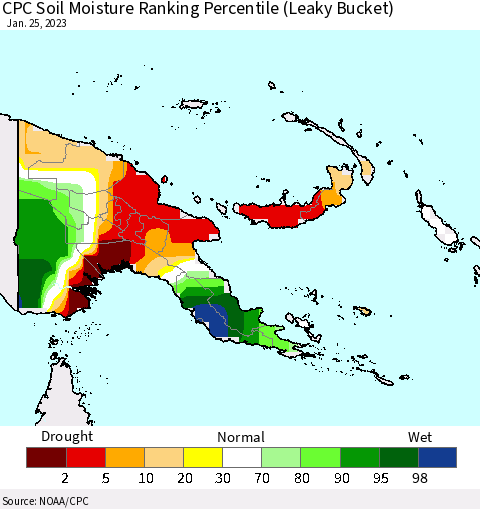 Papua New Guinea CPC Soil Moisture Ranking Percentile (Leaky Bucket) Thematic Map For 1/21/2023 - 1/25/2023