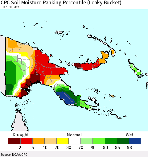 Papua New Guinea CPC Soil Moisture Ranking Percentile (Leaky Bucket) Thematic Map For 1/26/2023 - 1/31/2023