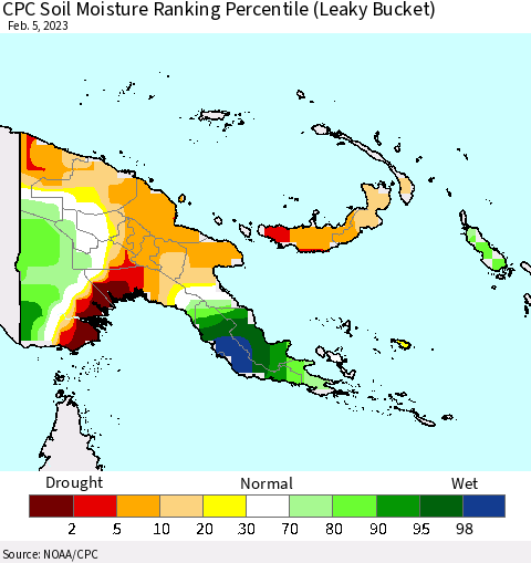 Papua New Guinea CPC Soil Moisture Ranking Percentile (Leaky Bucket) Thematic Map For 2/1/2023 - 2/5/2023