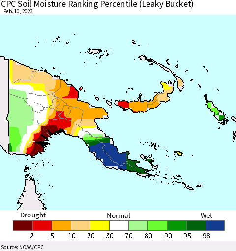 Papua New Guinea CPC Soil Moisture Ranking Percentile (Leaky Bucket) Thematic Map For 2/6/2023 - 2/10/2023