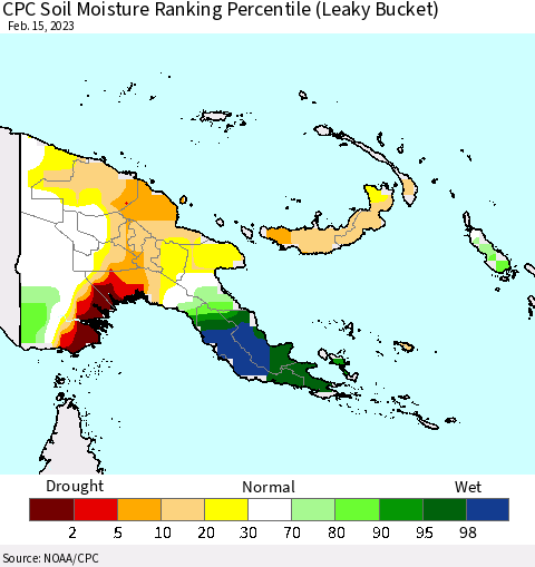 Papua New Guinea CPC Soil Moisture Ranking Percentile (Leaky Bucket) Thematic Map For 2/11/2023 - 2/15/2023