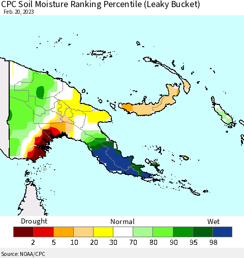 Papua New Guinea CPC Soil Moisture Ranking Percentile (Leaky Bucket) Thematic Map For 2/16/2023 - 2/20/2023