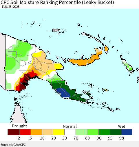Papua New Guinea CPC Soil Moisture Ranking Percentile (Leaky Bucket) Thematic Map For 2/21/2023 - 2/25/2023