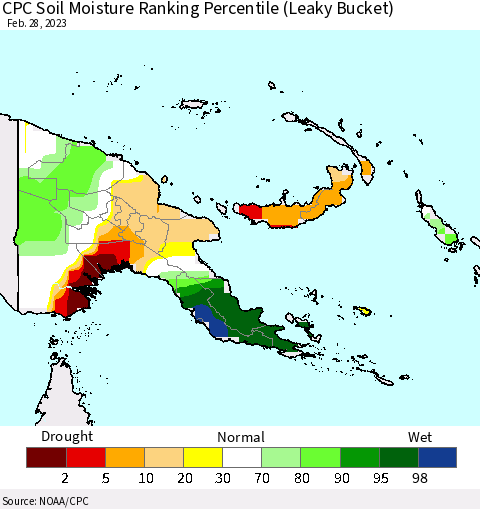 Papua New Guinea CPC Soil Moisture Ranking Percentile (Leaky Bucket) Thematic Map For 2/26/2023 - 2/28/2023